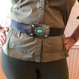 Genuine Leather Belt w/ Silver & Turquoise Buckle.
